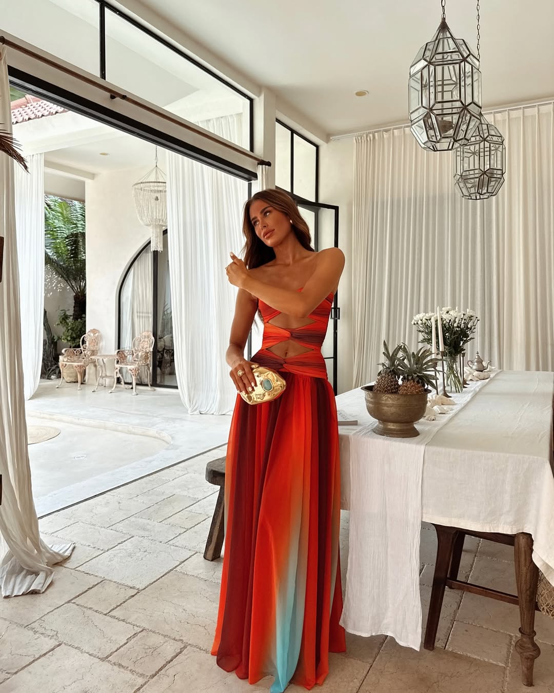 Women's Strapless A-Line Mesh Maxi Summer Dress in Red