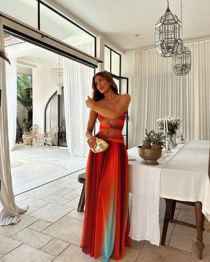 Women's Strapless A-Line Mesh Maxi Summer Dress in Red