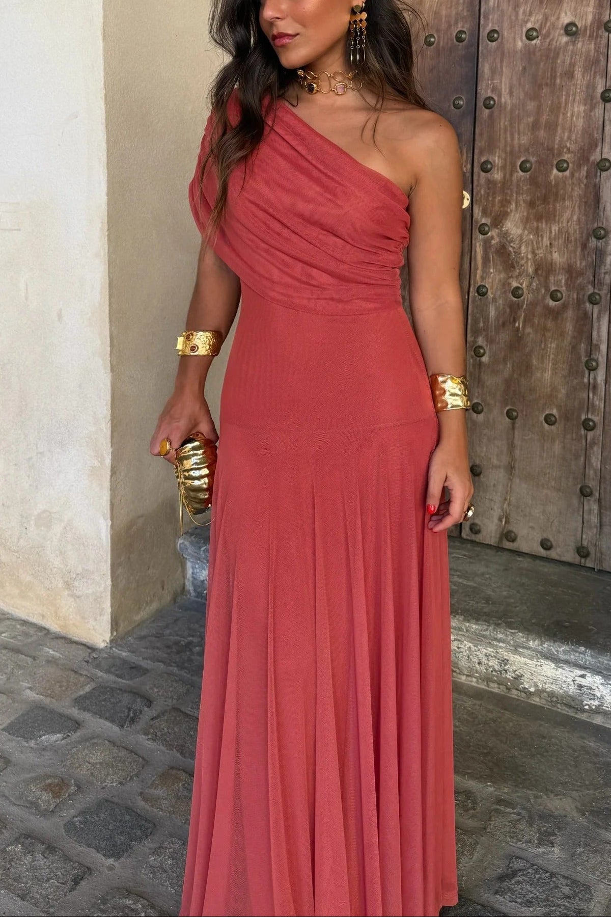 Women's One-Shoulder Mesh Maxi Summer Dress in Red