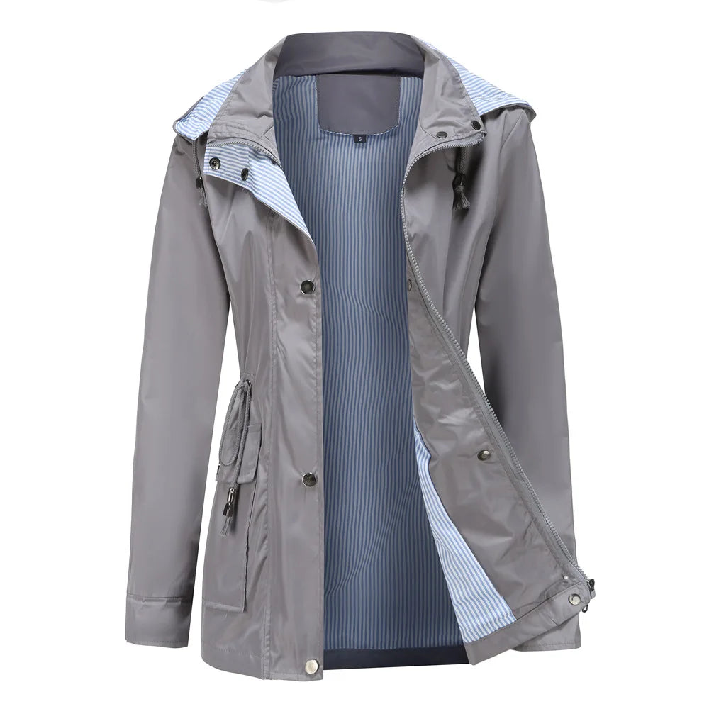 Longline Waterproof Rain Jacket – Hooded Drawstring Waist Windbreaker