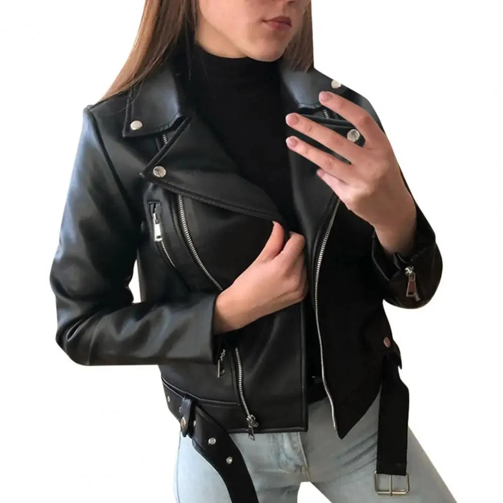 Faux Leather Moto Jacket – Belted Biker Jacket with Zipper Detail