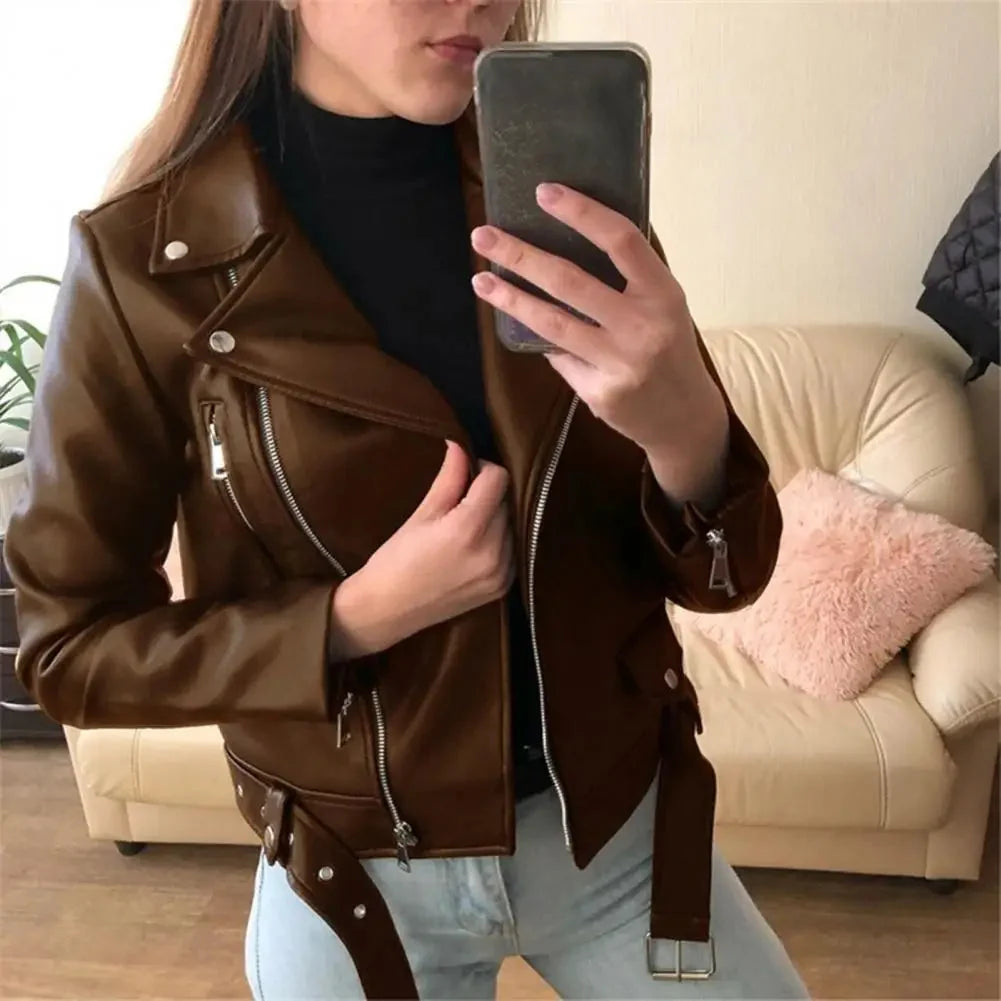 Faux Leather Moto Jacket – Belted Biker Jacket with Zipper Detail