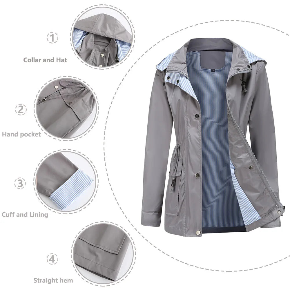 Longline Waterproof Rain Jacket – Hooded Drawstring Waist Windbreaker