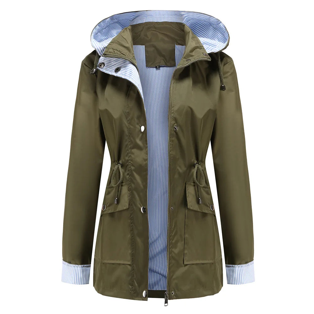 Longline Waterproof Rain Jacket – Hooded Drawstring Waist Windbreaker