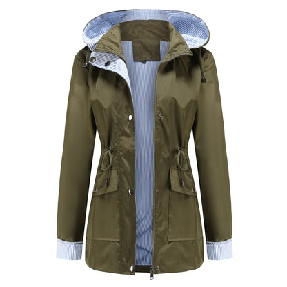 Longline Waterproof Rain Jacket – Hooded Drawstring Waist Windbreaker