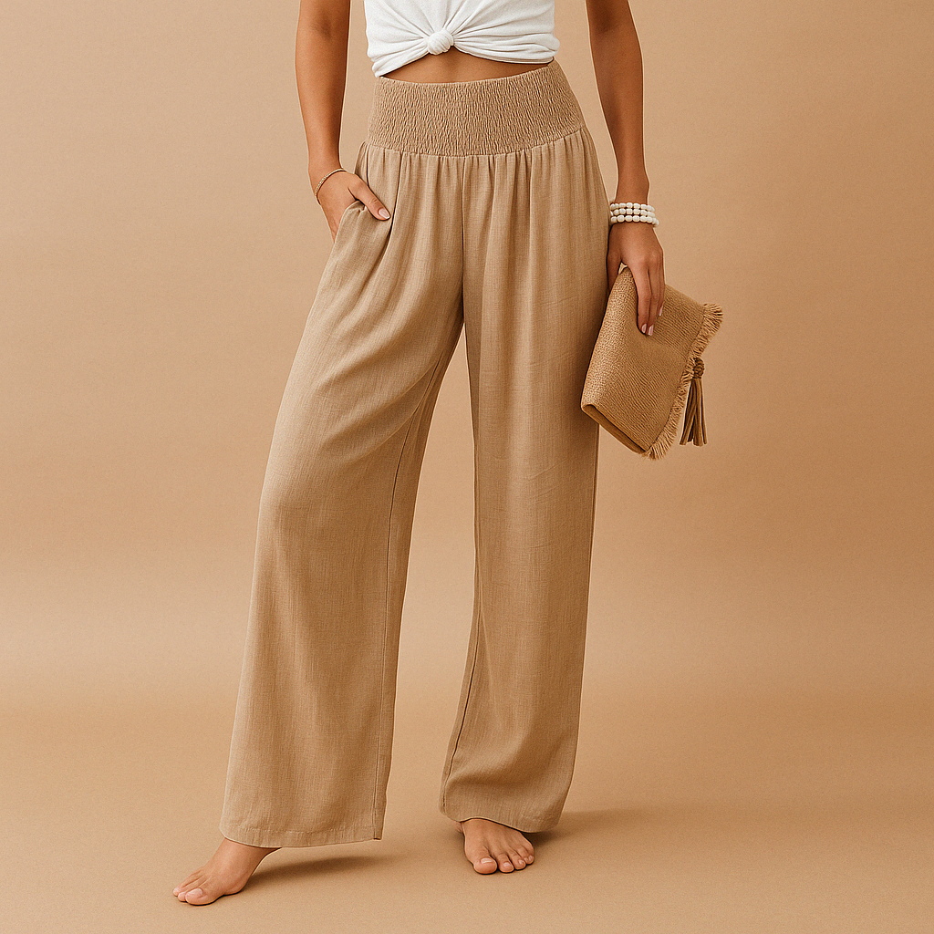 Linen Wide Leg Pants – Smocked High Waist with Pockets