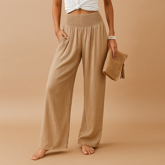 Linen Wide Leg Pants – Smocked High Waist with Pockets