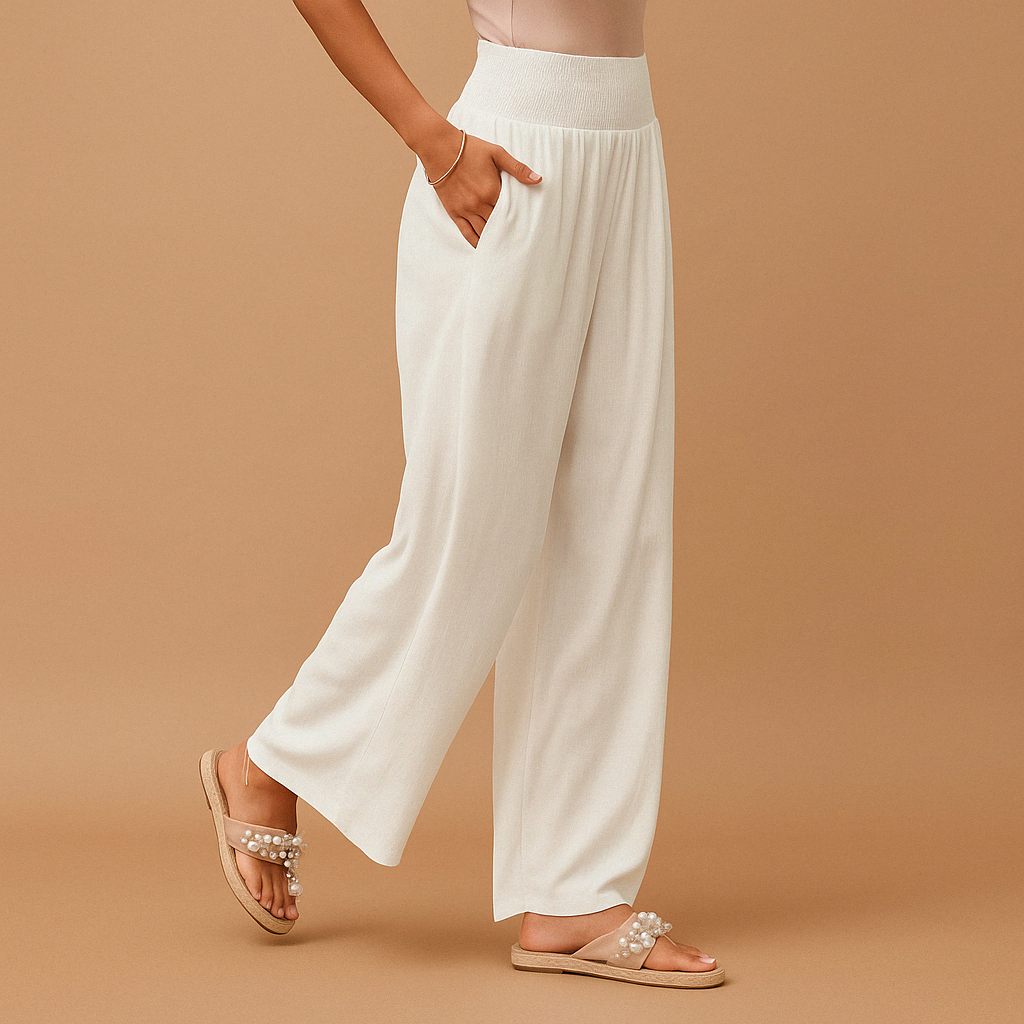 Linen Wide Leg Pants – Smocked High Waist with Pockets