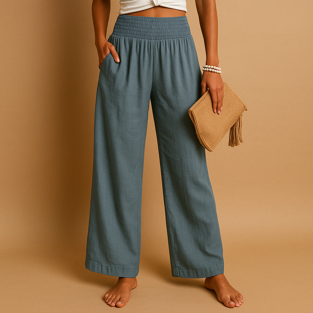 Linen Wide Leg Pants – Smocked High Waist with Pockets