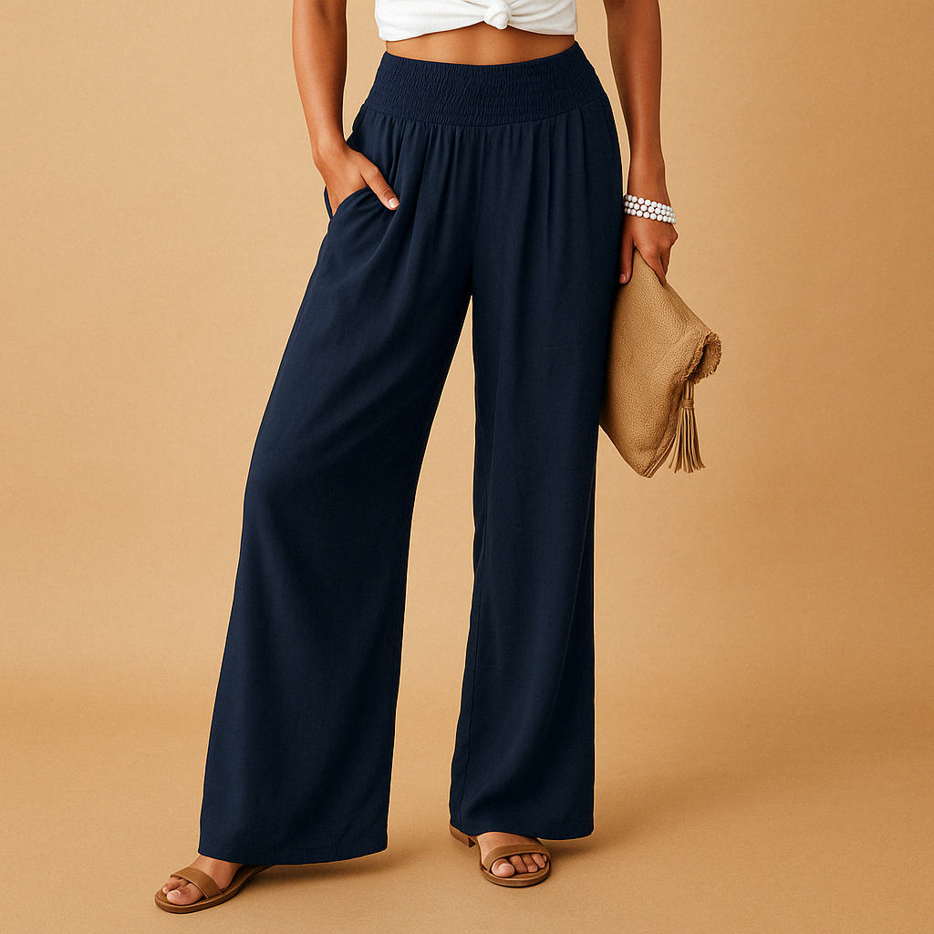 Linen Wide Leg Pants – Smocked High Waist with Pockets