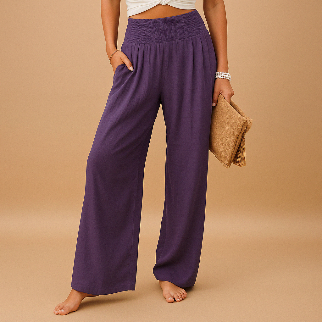 Linen Wide Leg Pants – Smocked High Waist with Pockets