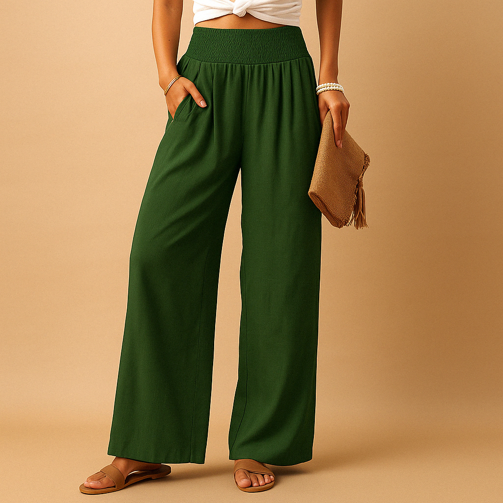 Linen Wide Leg Pants – Smocked High Waist with Pockets