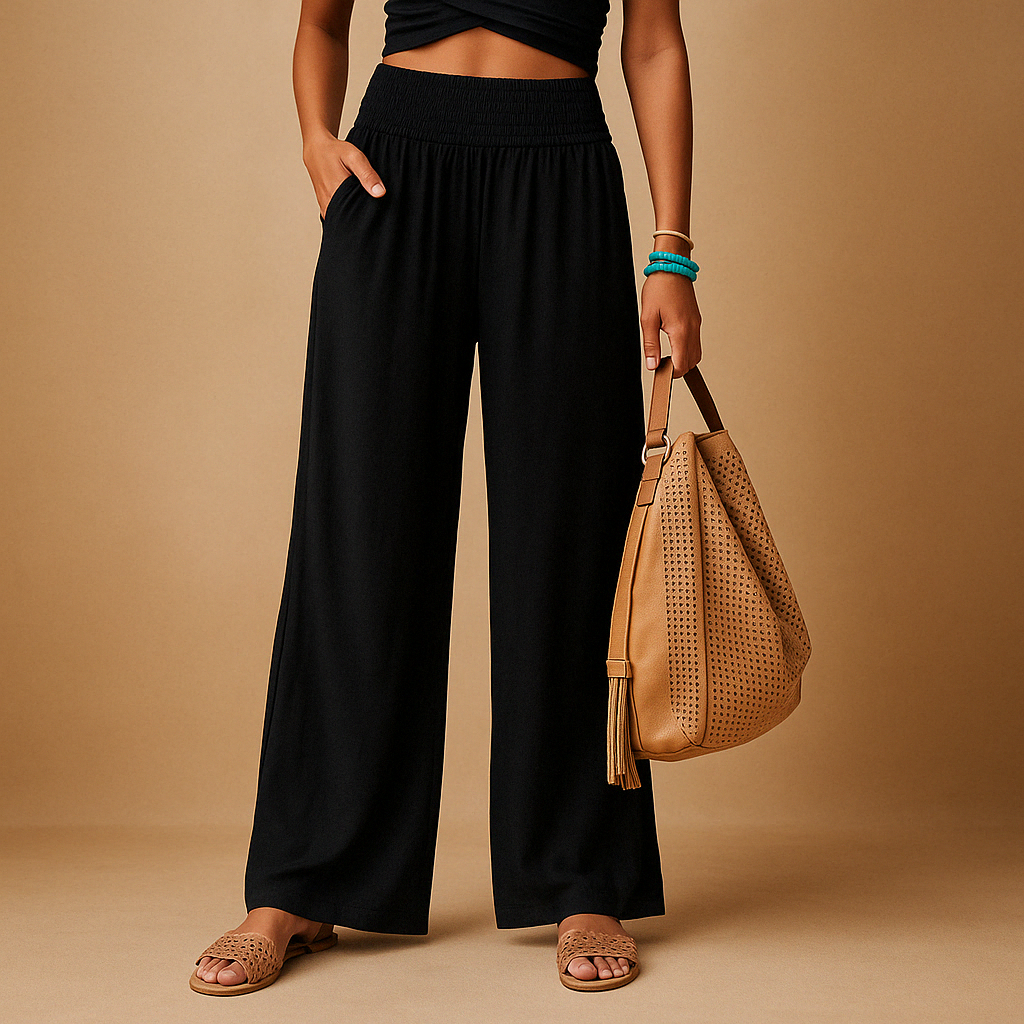 Linen Wide Leg Pants – Smocked High Waist with Pockets