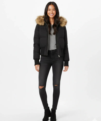 Quilted Puffer Bomber Jacket – Faux Fur Hood Slim Fit Winter