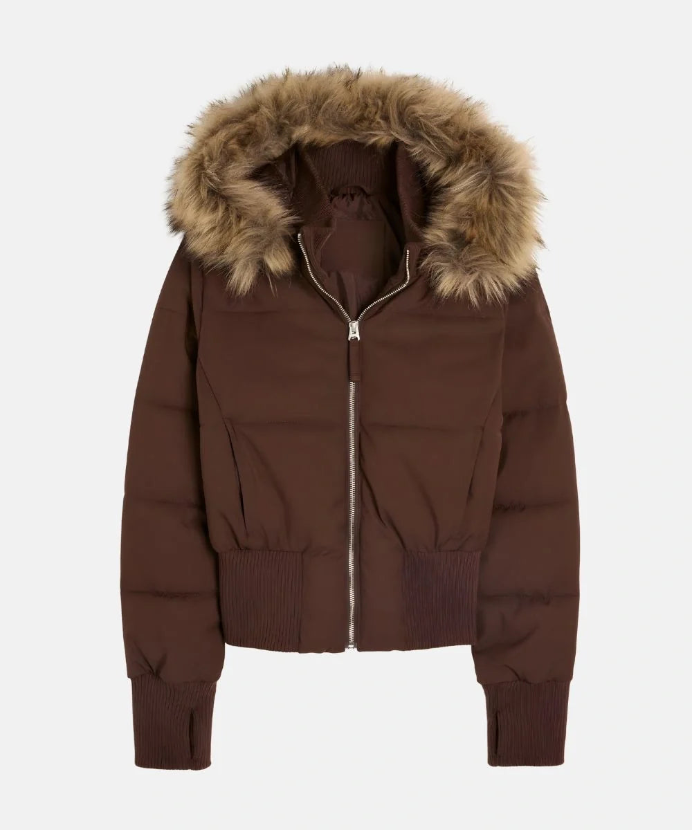 Quilted Puffer Bomber Jacket – Faux Fur Hood Slim Fit Winter
