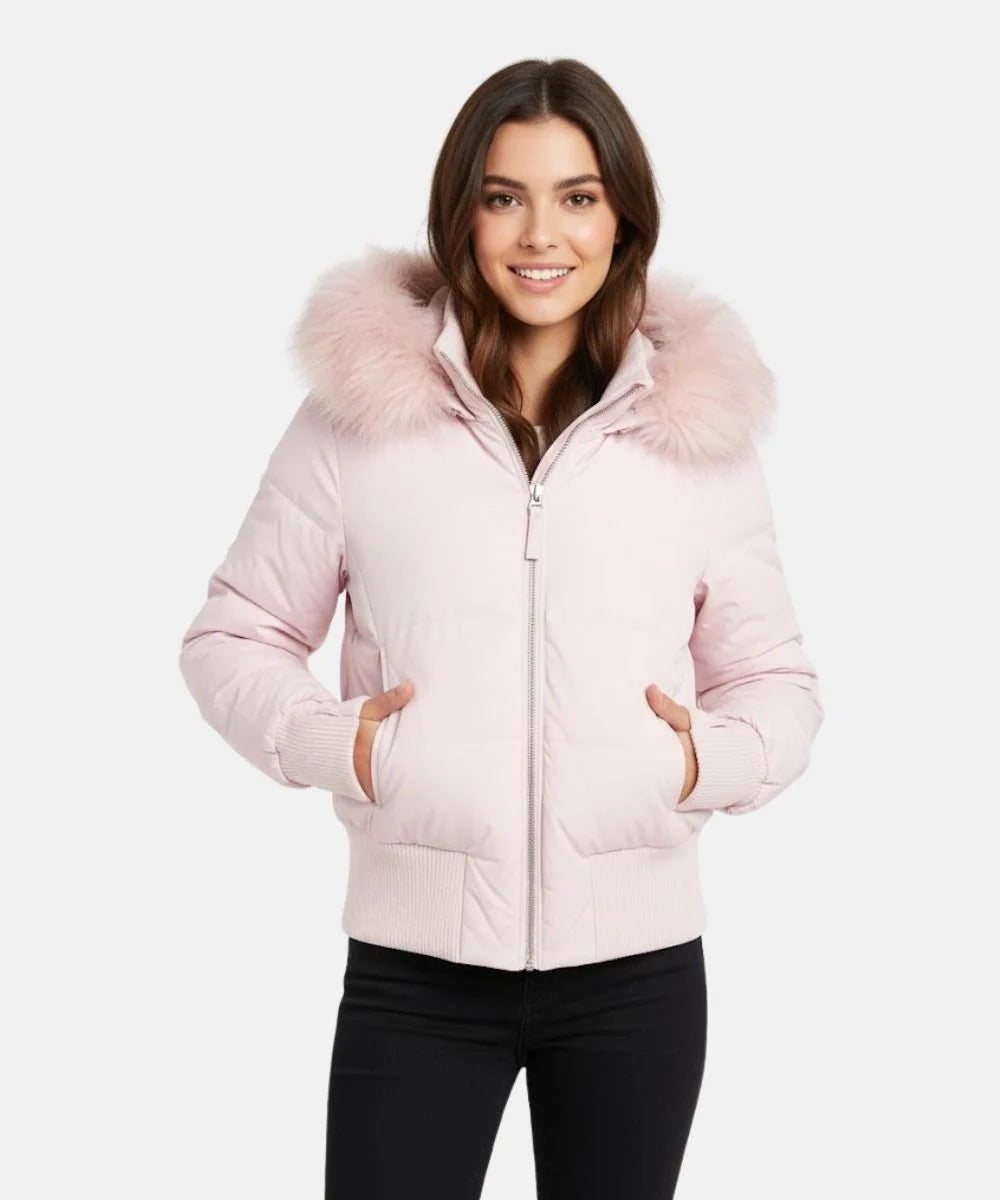 Quilted Puffer Bomber Jacket – Faux Fur Hood Slim Fit Winter