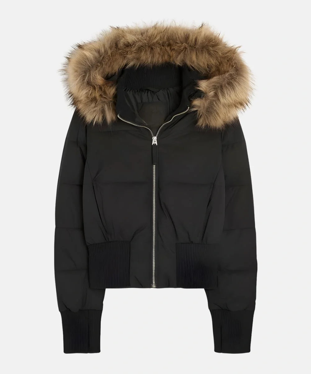 Quilted Puffer Bomber Jacket – Faux Fur Hood Slim Fit Winter