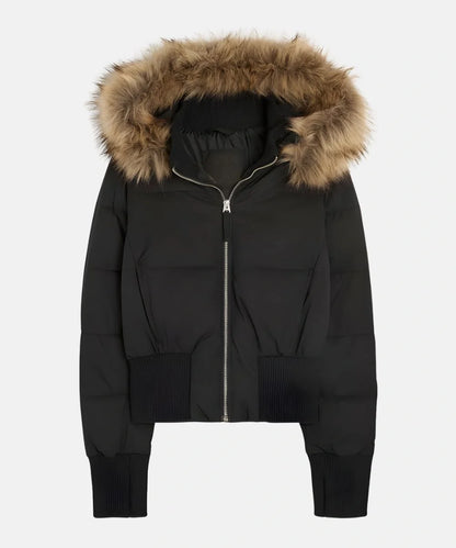 Quilted Puffer Bomber Jacket – Faux Fur Hood Slim Fit Winter