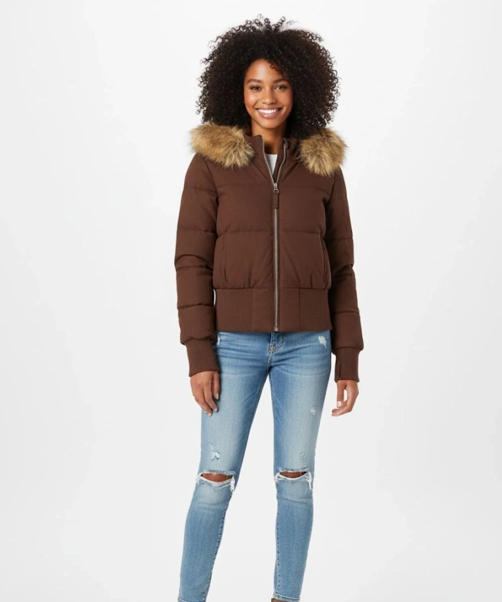 Quilted Puffer Bomber Jacket – Faux Fur Hood Slim Fit Winter