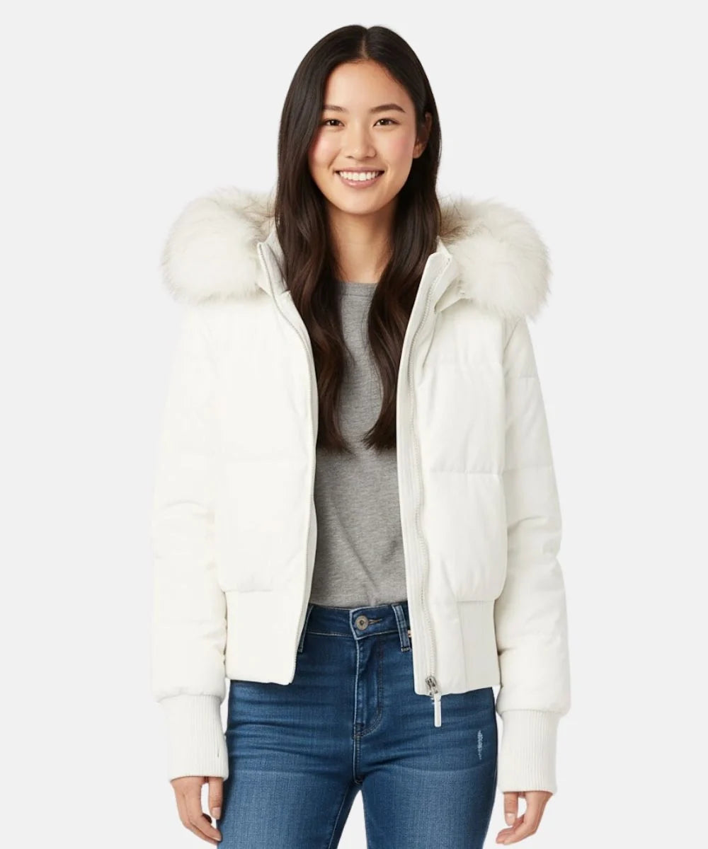Quilted Puffer Bomber Jacket – Faux Fur Hood Slim Fit Winter