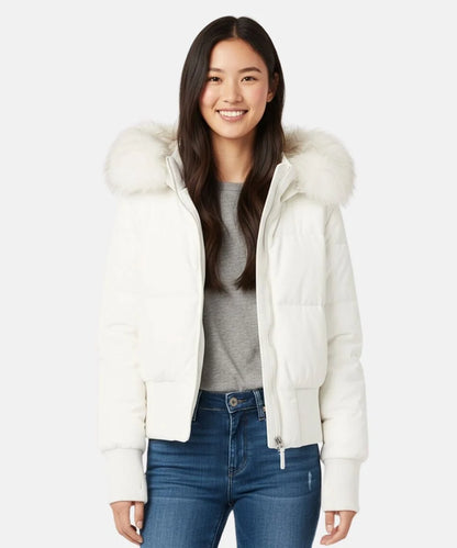 Quilted Puffer Bomber Jacket – Faux Fur Hood Slim Fit Winter