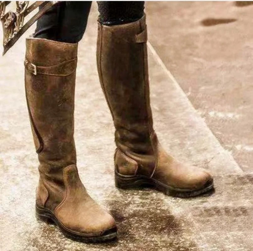 Waterproof Leather Knee-High Boots – Buckle Tall Riding Boots