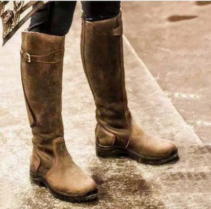 Waterproof Leather Knee-High Boots – Buckle Tall Riding Boots
