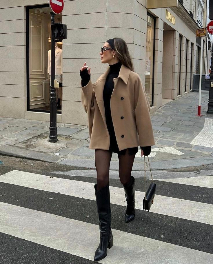 Short Oversized Wool-Blend Coat – Boxy Button-Front Winter Coat
