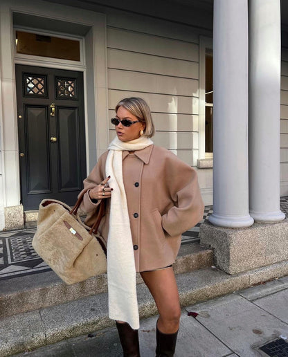 Short Oversized Wool-Blend Coat – Boxy Button-Front Winter Coat