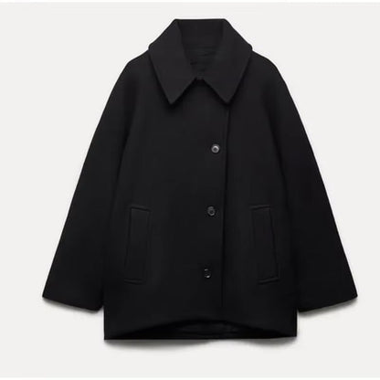 Short Oversized Wool-Blend Coat – Boxy Button-Front Winter Coat