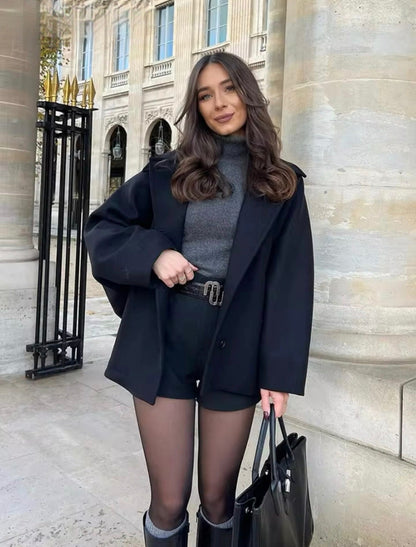 Short Oversized Wool-Blend Coat – Boxy Button-Front Winter Coat