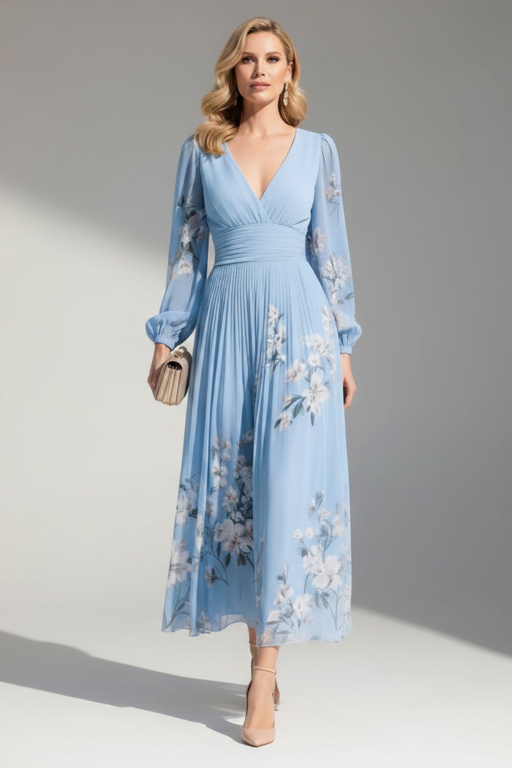 Floral Chiffon Long Sleeve Midi Dress – Pleated V-Neck A-Line