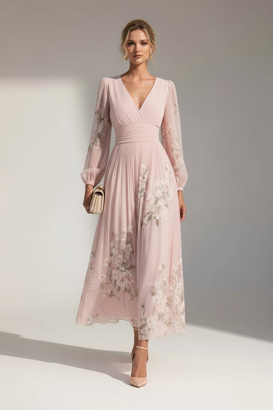 Floral Chiffon Long Sleeve Midi Dress – Pleated V-Neck A-Line