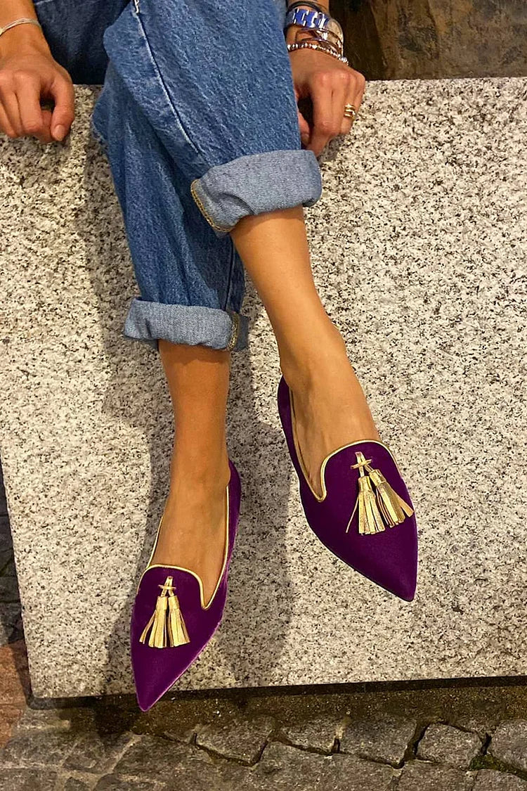 Pointed Toe Tassel Loafers – Slip-On Flat Suede Loafers Women