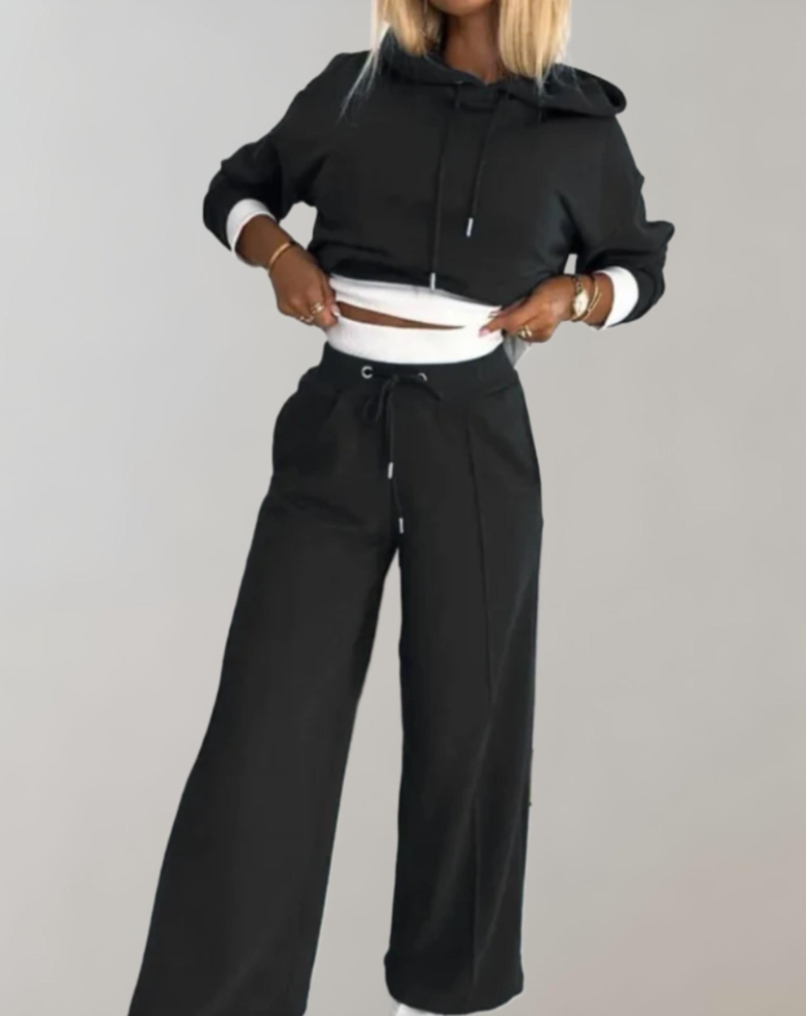 Cropped Hoodie Wide Leg Pants Set – Women's 2-Piece Sweatsuit