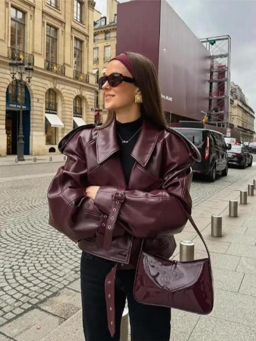 Oversized Faux Leather Jacket – Belted Lapel Collar Burgundy