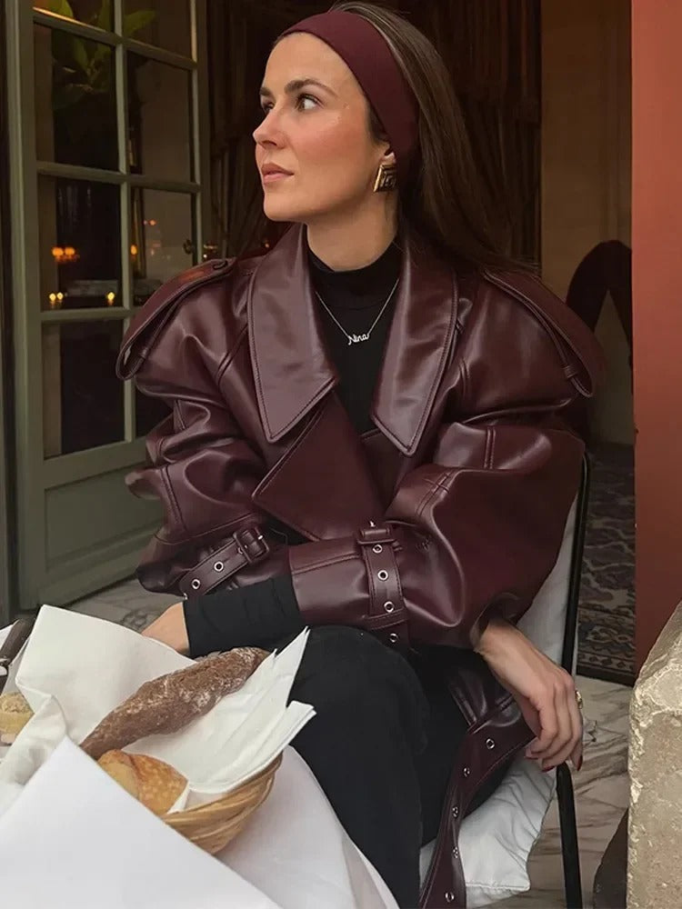 Oversized Faux Leather Jacket – Belted Lapel Collar Burgundy