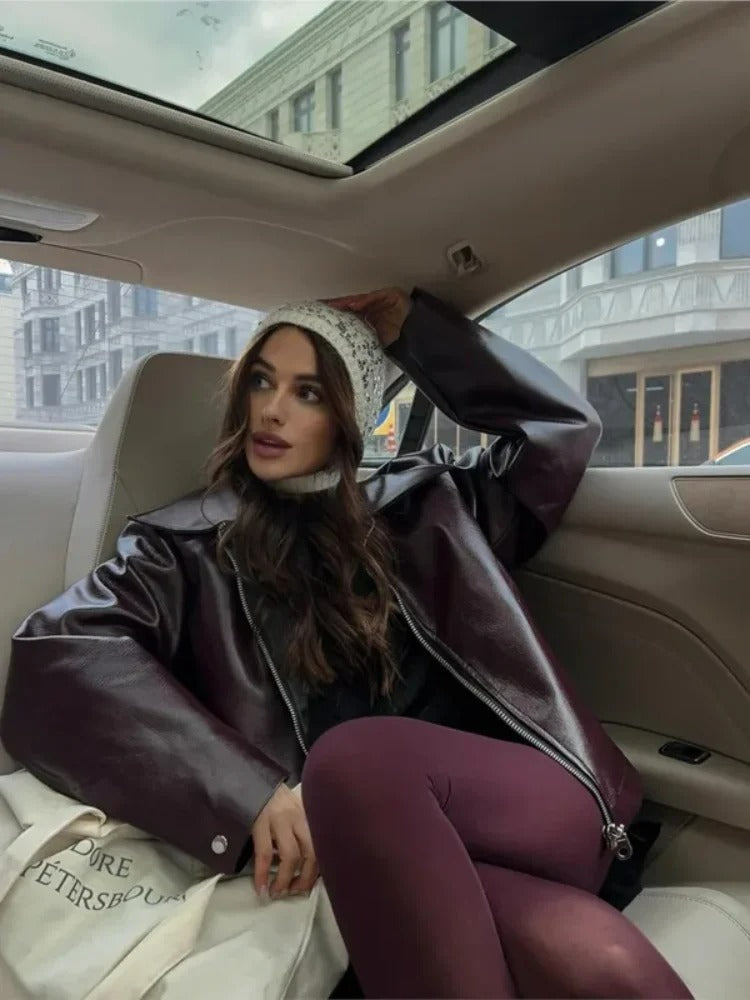 Oversized Faux Leather Jacket – Belted Lapel Collar Burgundy