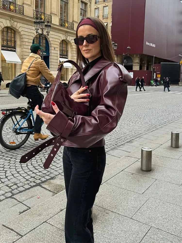 Oversized Faux Leather Jacket – Belted Lapel Collar Burgundy