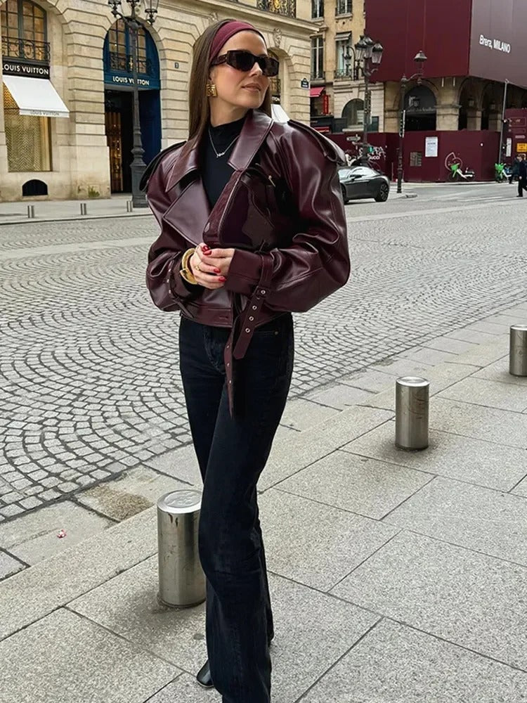 Oversized Faux Leather Jacket – Belted Lapel Collar Burgundy