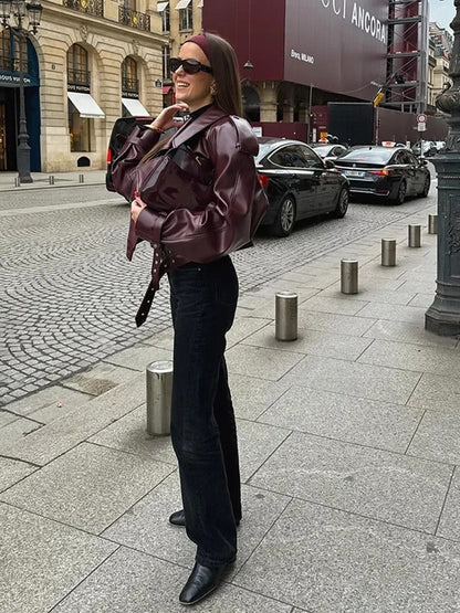 Oversized Faux Leather Jacket – Belted Lapel Collar Burgundy