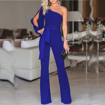 One Shoulder Wide-Leg Jumpsuit – Split Sleeve Belted Formal