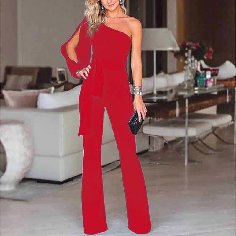One Shoulder Wide-Leg Jumpsuit – Split Sleeve Belted Formal
