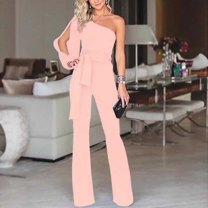 One Shoulder Wide-Leg Jumpsuit – Split Sleeve Belted Formal