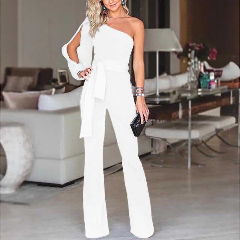 One Shoulder Wide-Leg Jumpsuit – Split Sleeve Belted Formal