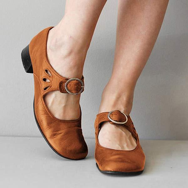 Women's Leather Mary Jane Pumps – Low Block Heel Buckle Strap Shoes