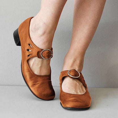Women's Leather Mary Jane Pumps – Low Block Heel Buckle Strap Shoes