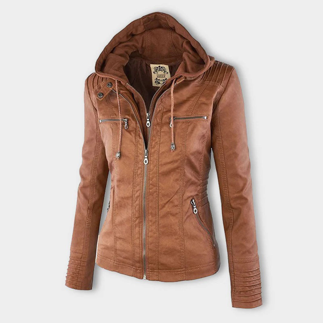 Faux Leather Moto Jacket Women – Removable Hood Zip-Up Biker Jacket