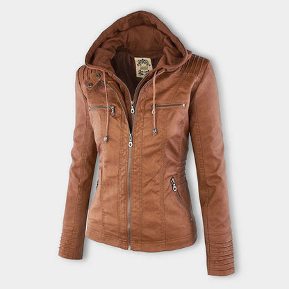 Faux Leather Moto Jacket Women – Removable Hood Zip-Up Biker Jacket