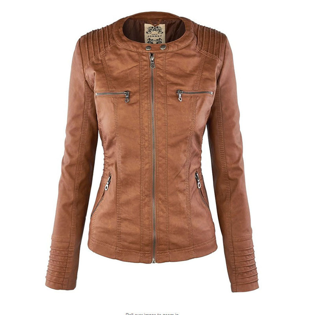 Faux Leather Moto Jacket Women – Removable Hood Zip-Up Biker Jacket